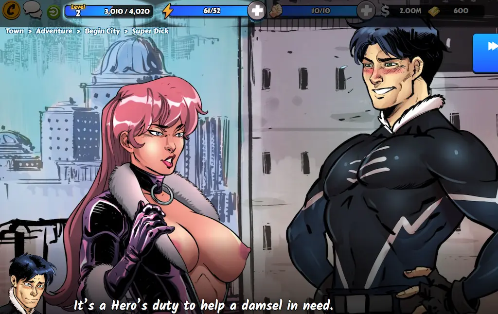 Scena conclusiva in stile fumetto sexy da Comix Harem gioco 2025 con personaggi sexy