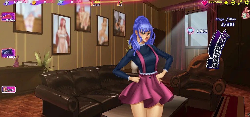 Esempio di gameplay clicker in Hentai Clicker gioco 2025: interfaccia con personaggio anime ragazza capelli viola