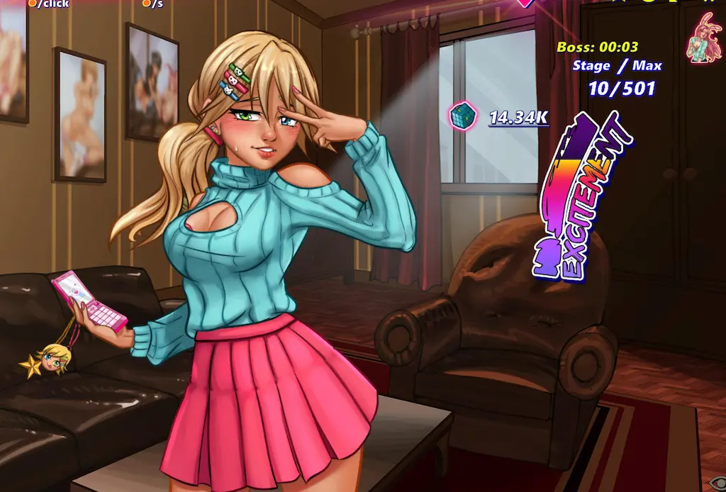 Esempio di gameplay clicker in Hentai Clicker: interfaccia con personaggio anime e barra di affetto