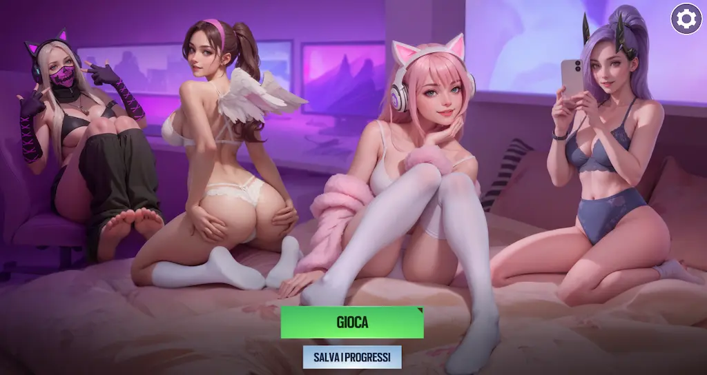 Ragazze anime sexy in lingerie con cuffie, ali e corna da demone – scena dal gioco erotico Lust Goddess 2025