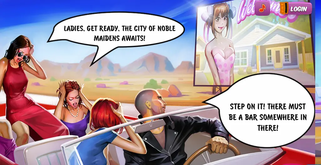 Scena animata con personaggi in auto e cartello pop in Town of Sins, stile fumetto erotico