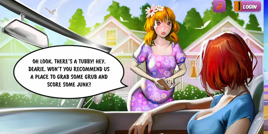 Personaggio femminile incinta dialoga con una ragazza provocante all’interno del gioco Town of Sins