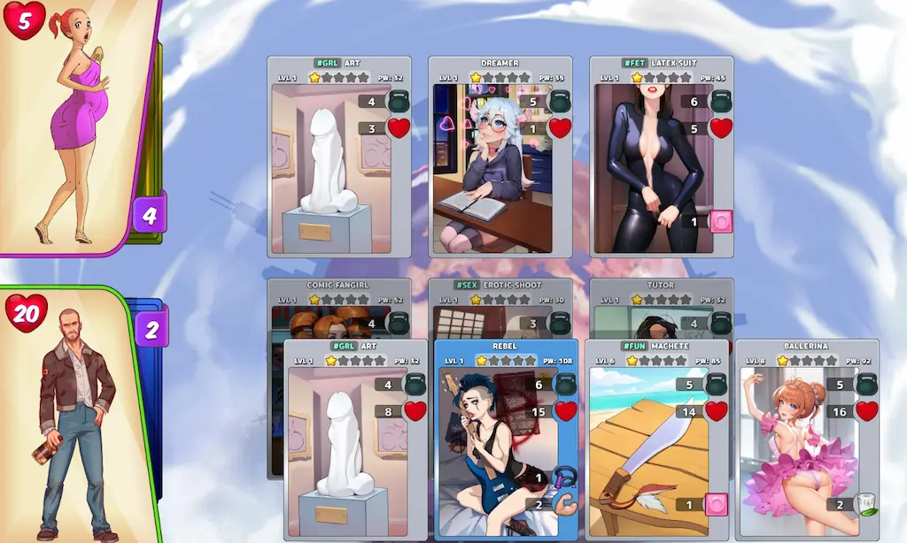 Panoramica delle carte personaggio di Town of Sins con ragazze hot e poteri speciali