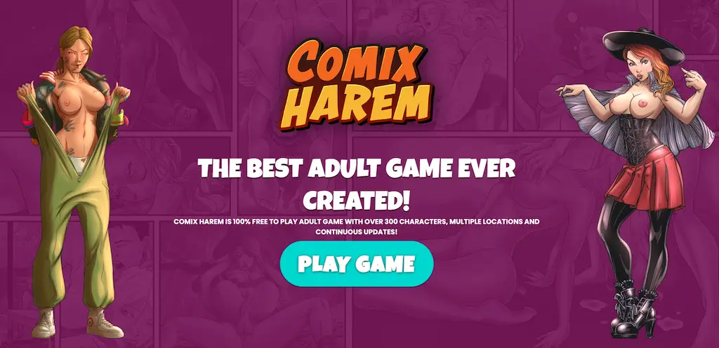 Schermata iniziale di Comix Harem gioco 2025 con personaggi femminili erotici e slogan “The best adult game ever created!
