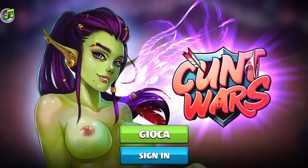 Schermata di login di Cunt Wars con orchetta sexy dalla pelle verde e logo del gioco erotico fantasy.