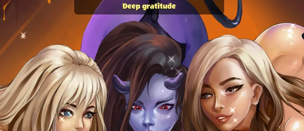 Tre eroine sexy di Cunt Wars con un demone viola al centro e sguardi provocanti, in stile anime fantasy erotico.