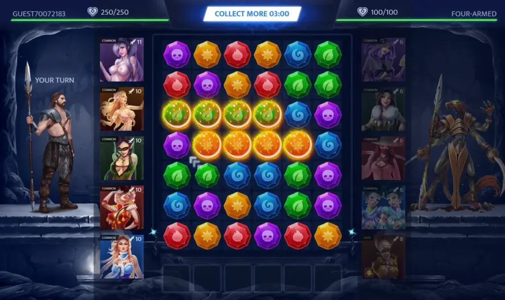 Interfaccia di gioco match-3 di Dirty League con sfide e premi sexy