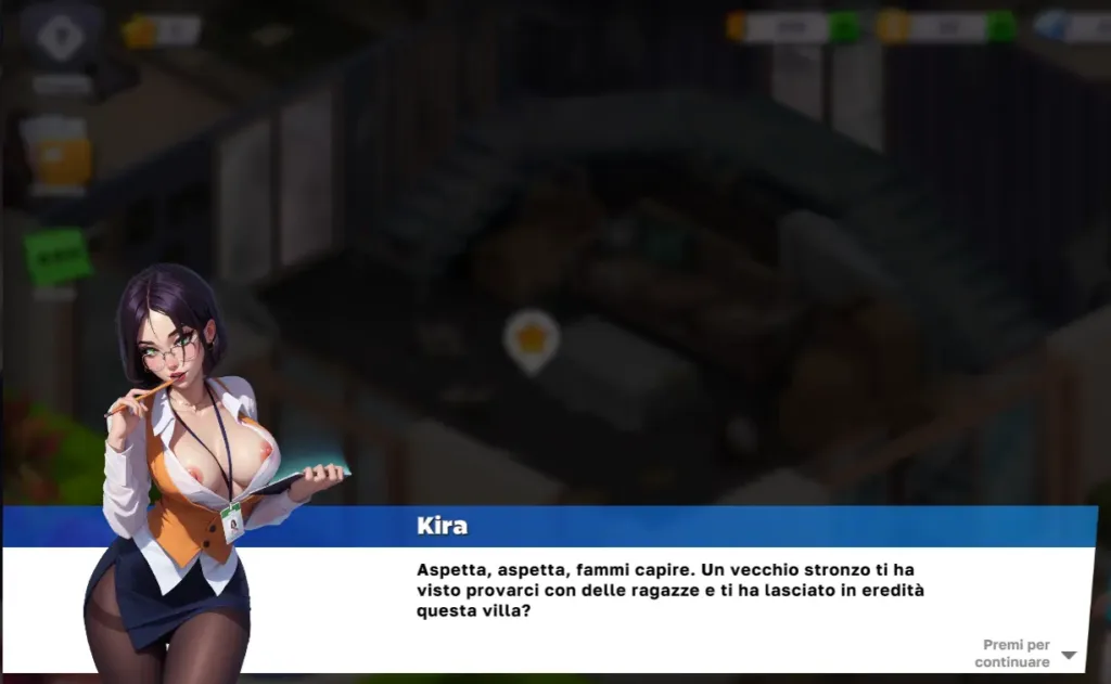 Dialogo interattivo di Horny Villa tra personaggi provocanti