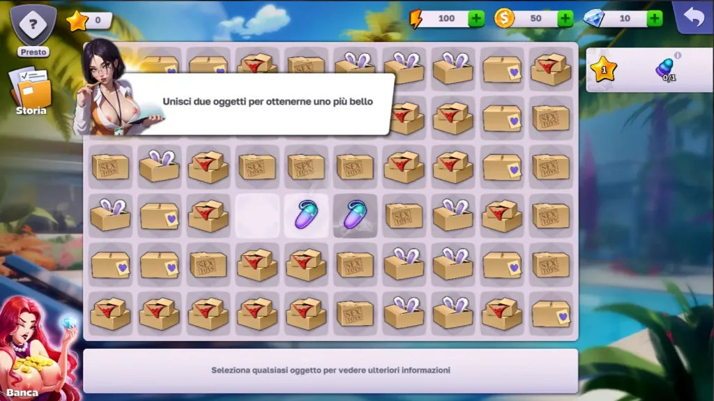 Interfaccia principale di Horny Villa con estetica erotica soft