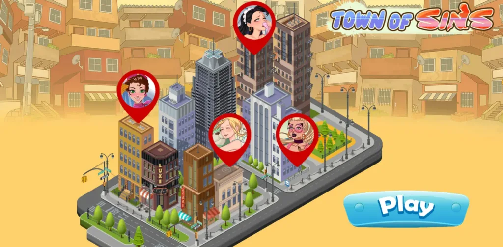 Veduta della città in Town of Sins con atmosfera misteriosa ed erotica