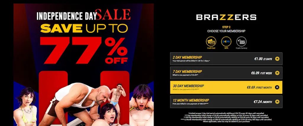 Abbonamenti e Offerte promozionali Brazzers 2025 con piani da 2 giorni a 12 mesi
