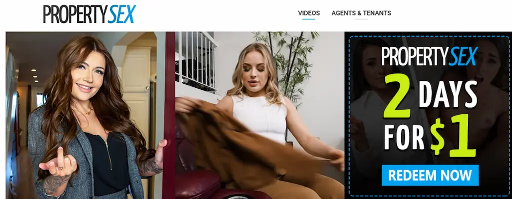 Schermata iniziale Property Sex 2025 con offerta di prova e interfaccia del sito