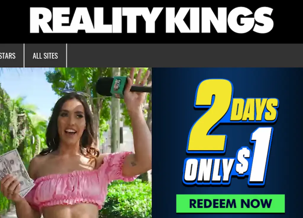 Homepage di Reality Kings 2025 con offerta di prova a 1 dollaro per 2 giorni