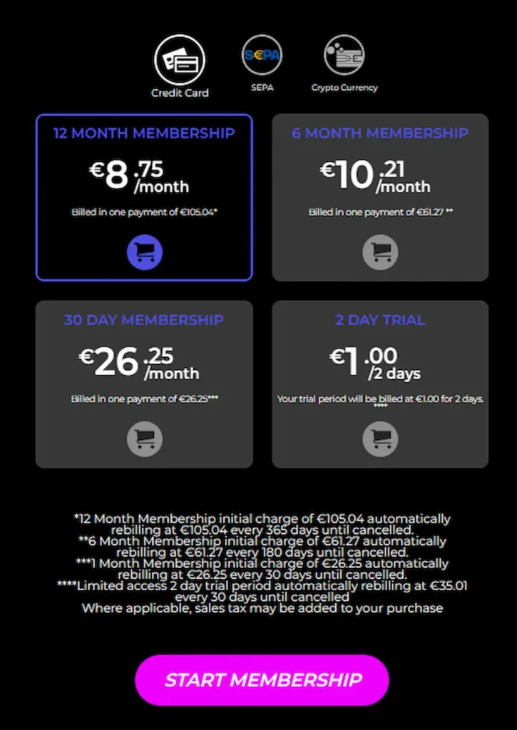 Tabella dei piani di abbonamento Reality Kings per Lil Humpers 2025 con prezzi mensili, prova gratuita e offerte annuali.