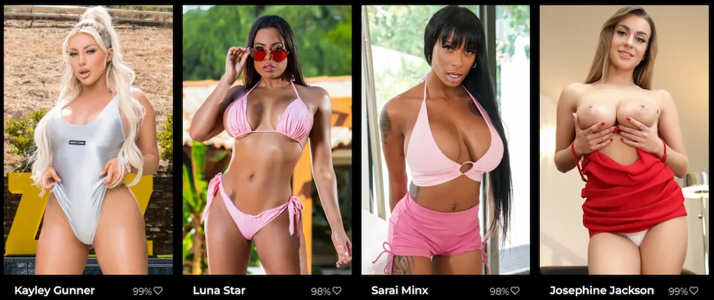Le nuove protagoniste di Big Tits Boss 2025: Kayley Gunner, Luna Star, Sarai Minx e Josephine Jackson in pose sensuali, serie milf Reality Kings ambientata tra ufficio e scene hot con boss autoritarie.