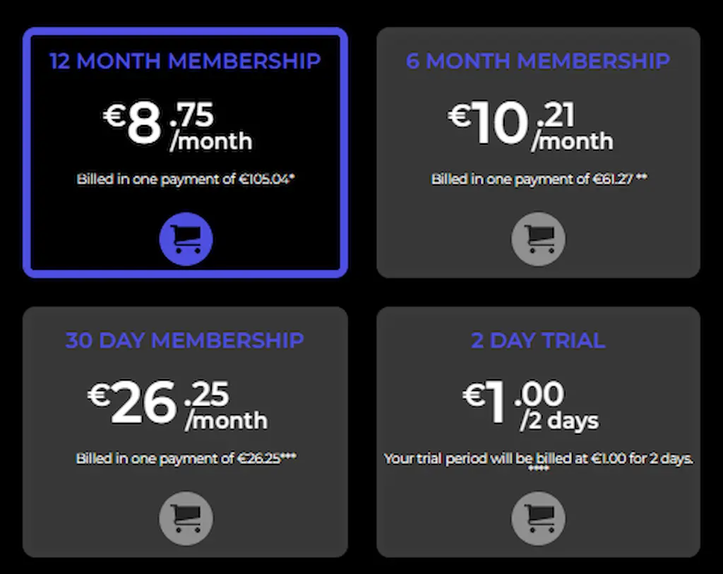 Tabella con le offerte Reality Kings per Big Tits Boss 2025: abbonamento 12 mesi a 8,75€/mese, piano 6 mesi a 10,21€/mese, 30 giorni a 26,25€ e prova di 2 giorni a 1€.