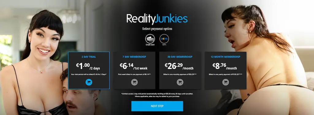 Listino prezzi Reality Junkies 2025: prova a 1€, abbonamento settimanale, mensile e annuale con accesso a storie hot quotidiane, serie Reality Kings 2025 e attori porno realistici.