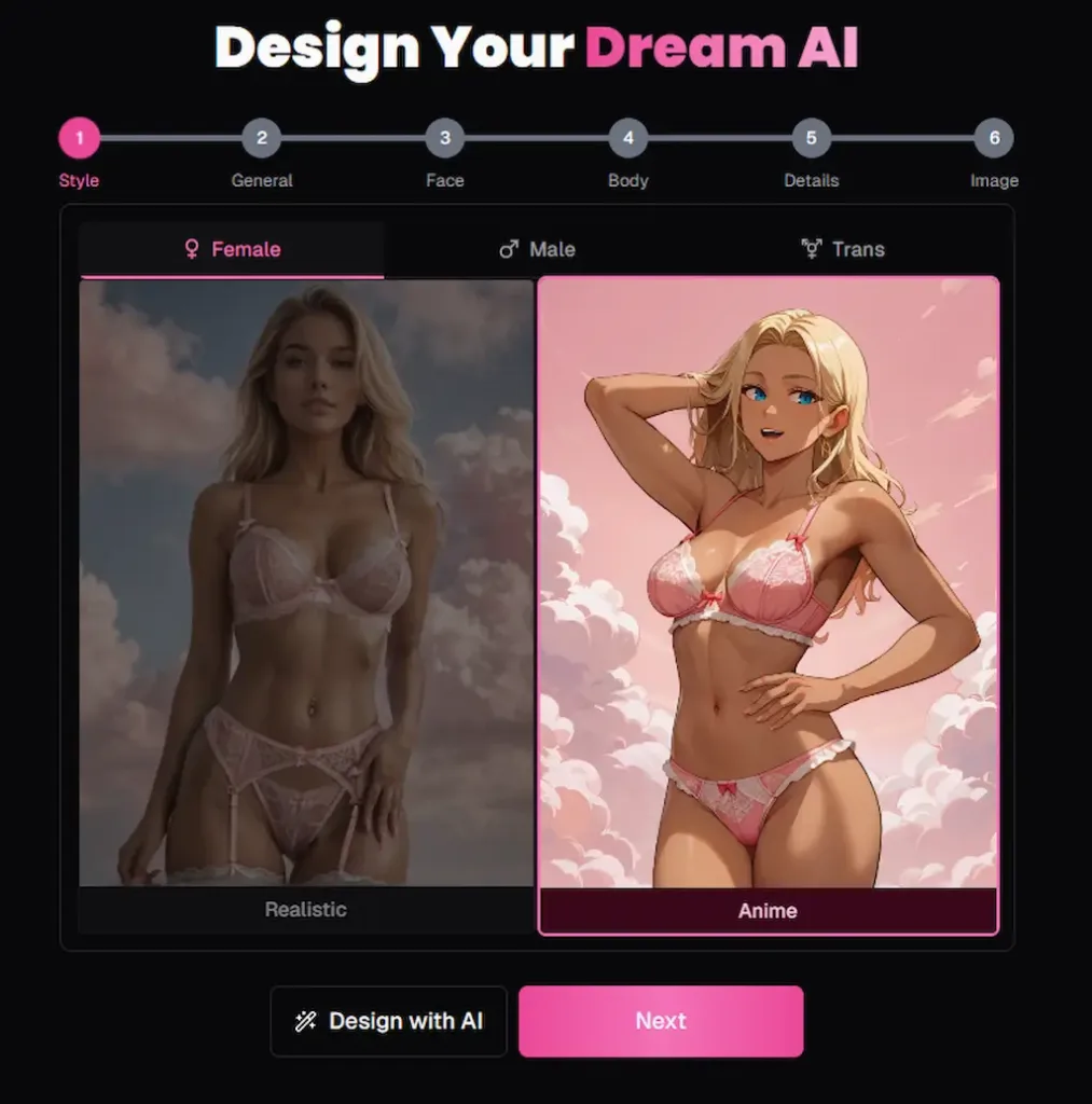 Schermata di OurDream AI 2025 che mostra la creazione di una AI girlfriend italiana, con possibilità di scegliere tra stile realistico e anime, esempio di sito AI erotico innovativo e intelligenza artificiale erotica