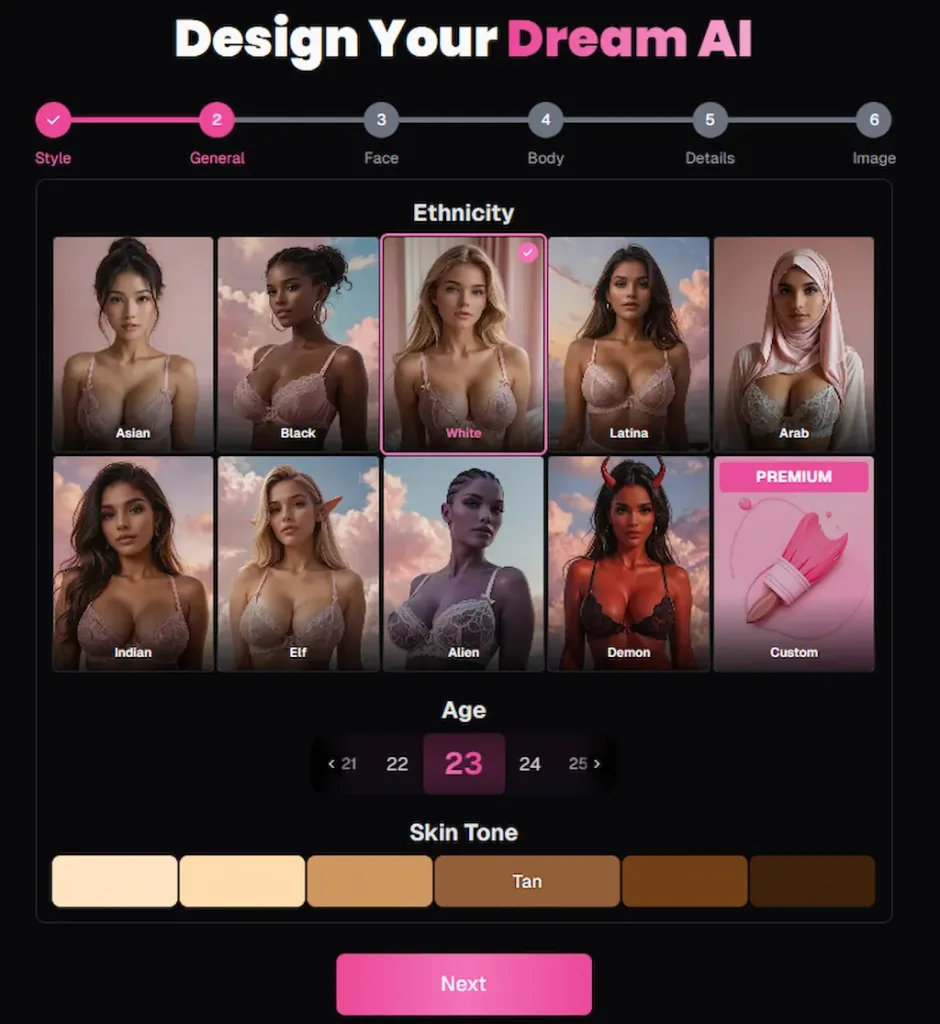 Interfaccia di OurDream AI 2025 che mostra come creare un gioco erotico con AI scegliendo etnia, età e tonalità della pelle per la propria AI girlfriend italiana, esempio di sito AI erotico innovativo e intelligenza artificiale erotica