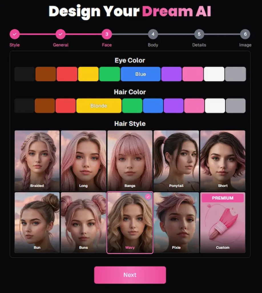 Schermata di OurDream AI 2025 che mostra come creare un gioco erotico con AI scegliendo colore degli occhi, colore e stile dei capelli per un’esperienza di intelligenza artificiale erotica su un sito AI erotico innovativo
