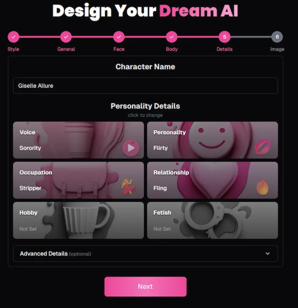 Schermata di OurDream AI 2025 per il gioco erotico con AI dove si possono scegliere voce, personalità, relazioni, hobby e fetish per creare una AI girlfriend italiana unica e realistica
