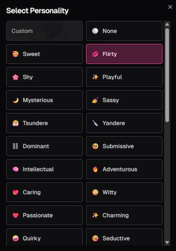 Schermata di OurDream AI 2025 che mostra le opzioni di personalità per creare un gioco erotico con AI, tra cui flirty, shy, passionate, dominant e caring, per un sito AI erotico innovativo e personalizzato