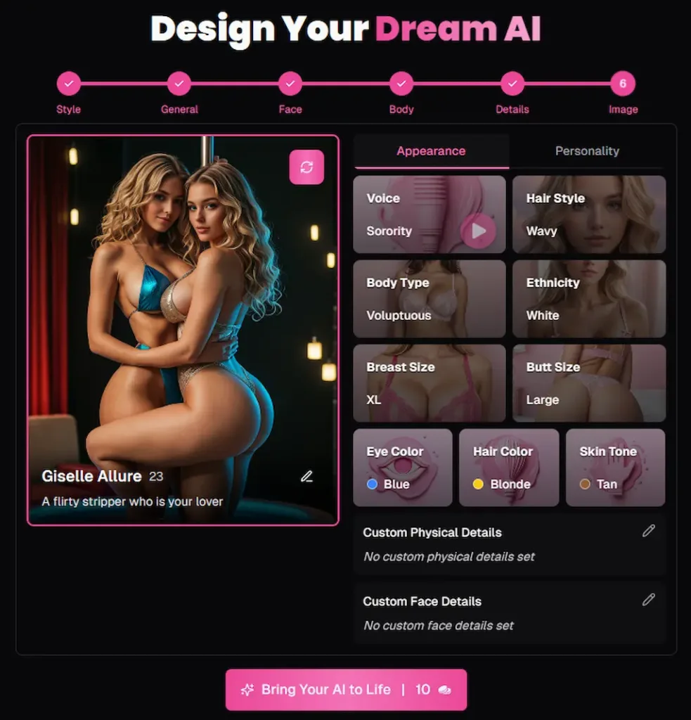 Schermata di OurDream AI 2025 con la creazione completa della AI girlfriend: corpo voluttuoso, seno XL, capelli biondi mossi, pelle abbronzata e personalità flirty, esempio di sito AI erotico innovativo e gioco erotico con AI