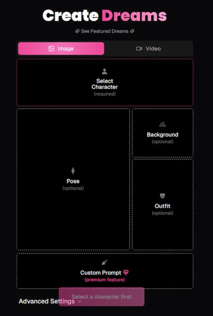 Interfaccia di OurDream AI 2025 con la funzione “Create Dreams” per generare immagini e video erotici personalizzati con AI girlfriend italiane
