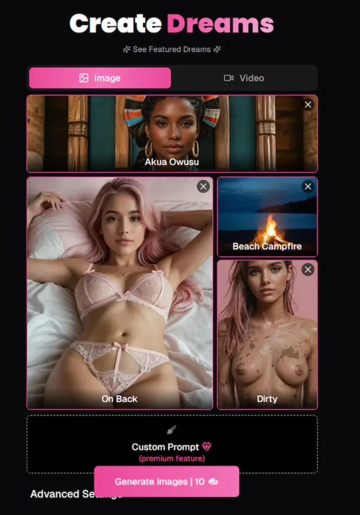 Funzione Create Dreams di OurDream AI 2025 con scelta di personaggi, pose e scenari per giochi erotici con intelligenza artificiale erotica