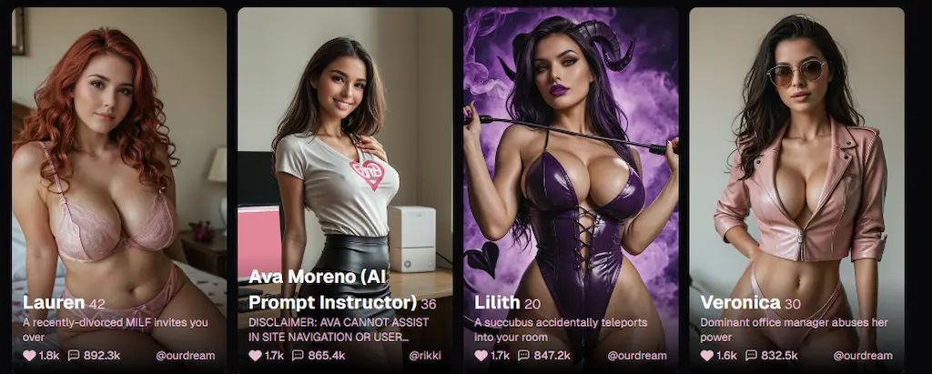Personaggi femminili su OurDream AI 2025: Lauren milf, Ava Moreno AI Prompt Instructor, Lilith succube e Veronica manager dominante nel sito AI erotico innovativo