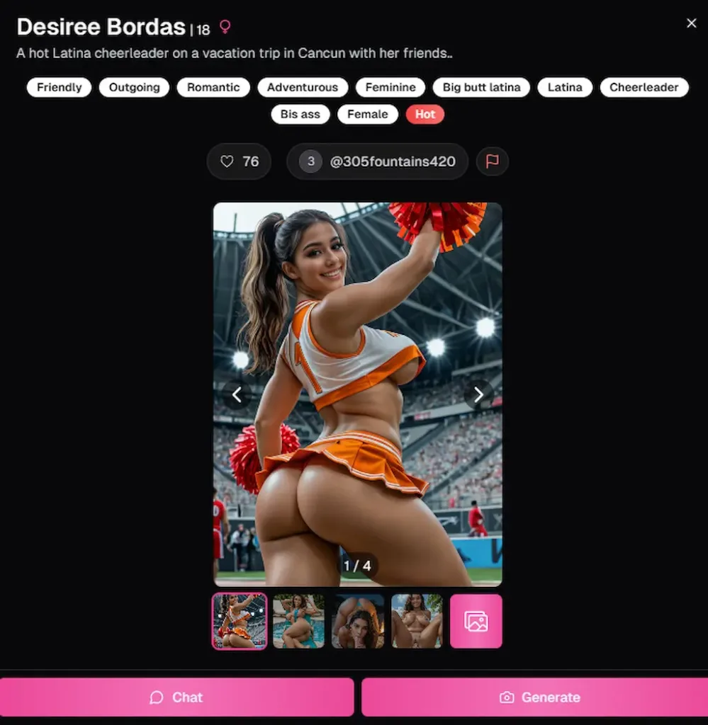 Desiree Bordas su OurDream AI 2025, cheerleader latina generata dall’intelligenza artificiale erotica – esempio di gioco erotico con AI e AI girlfriend italiana
