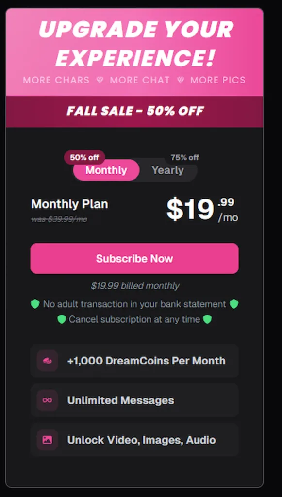 Promozione abbonamento mensile OurDream AI 2025 a $19,99 con 1.000 DreamCoins, messaggi illimitati e contenuti video, immagini e audio sbloccati – gioco erotico con AI
