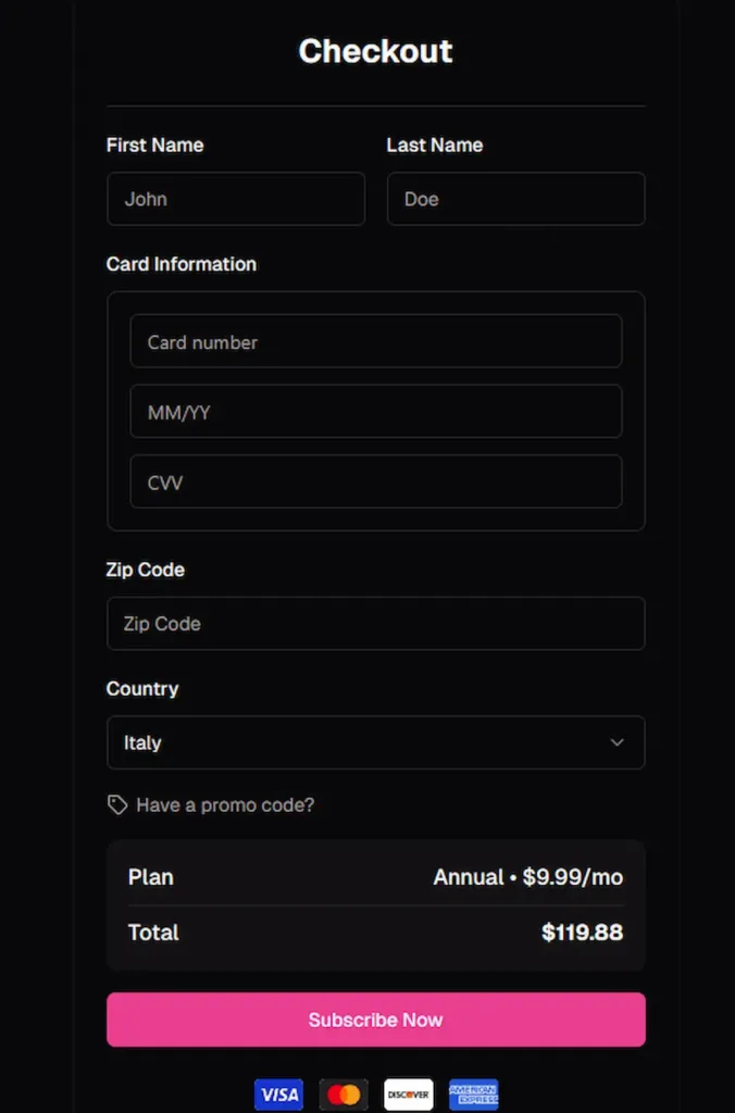 Schermata di checkout di OurDream AI 2025 con pagamento annuale a 9,99$/mese, esempio di iscrizione a un sito AI erotico innovativo e intelligenza artificiale erotica

