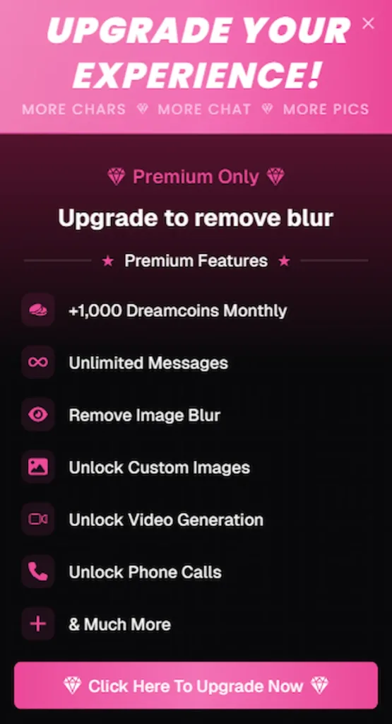 Schermata upgrade OurDream AI 2025 con funzioni premium: +1.000 DreamCoins, messaggi illimitati, rimozione blur e video AI erotici