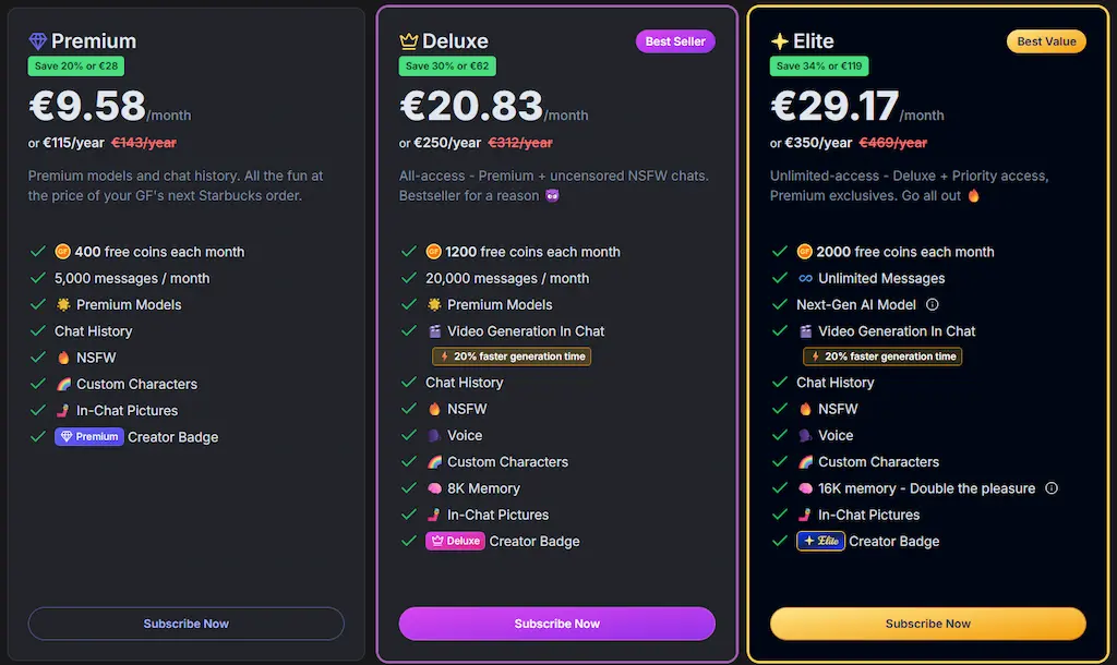 Screenshot abbonamenti GPT Girlfriend 2025 con piani Premium, Deluxe ed Elite in versione mensile e annuale scontata per chat erotica con AI, chatbot sexy AI e girlfriend virtuali hot
