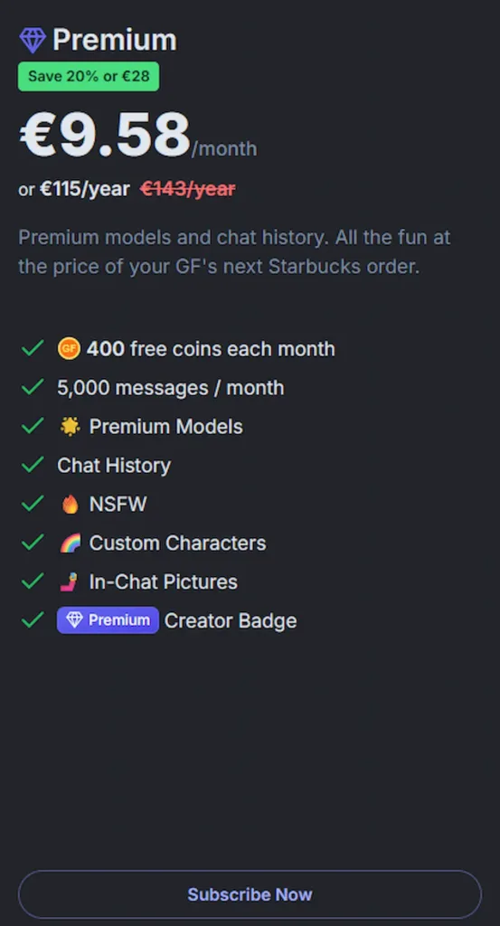 Screenshot abbonamento Premium GPT Girlfriend 2025 con 400 coin mensili, 5.000 messaggi e accesso a modelli AI girlfriend hot per chat porno AI e chatbot sexy AI
