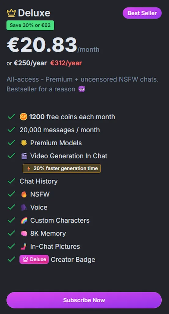 Screenshot abbonamento Deluxe GPT Girlfriend 2025 con 1200 coin al mese, 20.000 messaggi, video generation, chat porno AI, AI girlfriend hot e chatbot sexy AI