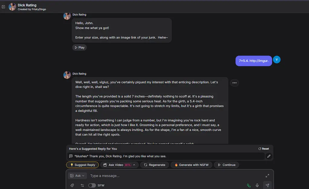Schermata GPT Girlfriend 2025 che mostra una chat porno AI con funzione Dick Rating, esempio di chatbot sexy AI in azione
