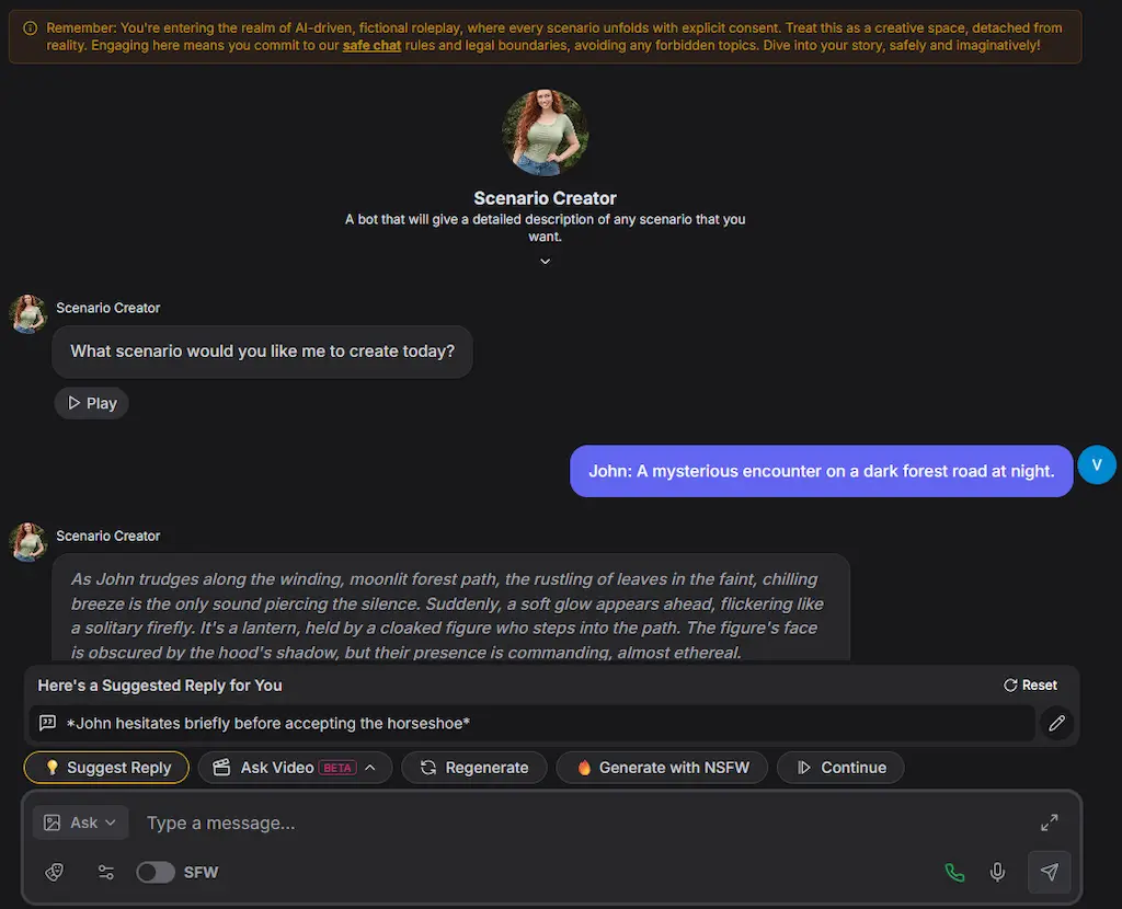 Esempio di chat su GPT Girlfriend 2025 con Scenario Creator, chatbot sexy AI che crea scenari personalizzati per roleplay erotici con intelligenza artificiale
