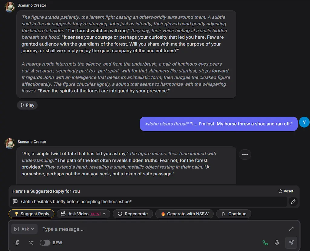Chat di GPT Girlfriend 2025 con Scenario Creator che sviluppa un roleplay testuale dettagliato basato su intelligenza artificiale per esperienze erotiche e fantasiose
