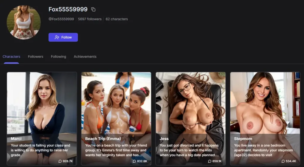 Screenshot di GPT Girlfriend 2025 con il profilo del creatore Fox55559999 e i suoi chatbot sexy AI: Marci in abito scollato, Beach Trip con ragazze in bikini, Jess sensuale con occhiali e Stepmom matura provocante
