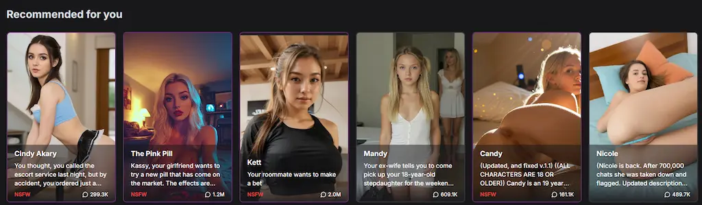 Schermata di GPT Girlfriend 2025 con i personaggi consigliati nella chat erotica con AI: Cindy, The Pink Pill, Kett, Mandy, Candy e Nicole
