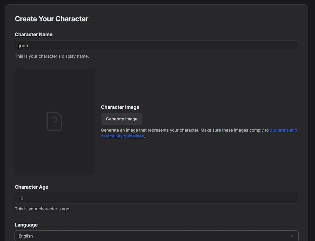 Schermata di GPT Girlfriend 2025 che mostra la sezione per creare un nuovo personaggio con nome, età, lingua e immagine personalizzata
