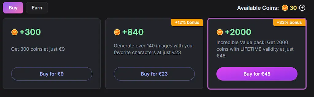 Schermata dei pacchetti coins di GPT Girlfriend 2025 con opzioni da 300, 840 e 2000 crediti per sbloccare chat erotiche AI, immagini hot e chatbot sexy AI
