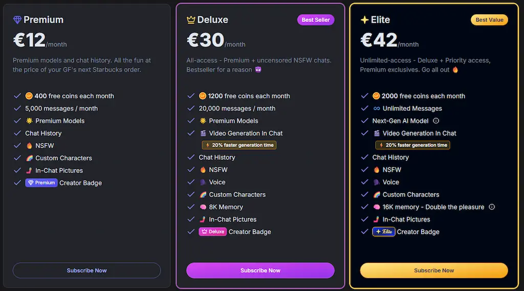 Screenshot dei piani di abbonamento di GPT Girlfriend 2025 con opzioni Premium da 12€, Deluxe da 30€ ed Elite da 42€, che includono chat porno AI, video, voice e chatbot sexy AI
