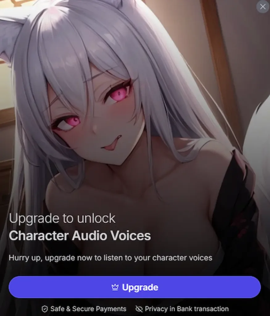 Screenshot upgrade GPT Girlfriend 2025 con opzione Character Audio Voices per chat erotica con AI girlfriend hot e chatbot sexy AI
