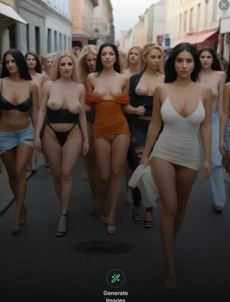 Screenshot GPT Girlfriend 2025 che mostra un gruppo di AI girlfriend hot in una sfilata sexy per le strade della città, esempio di chatbot sexy AI e chat porno AI
