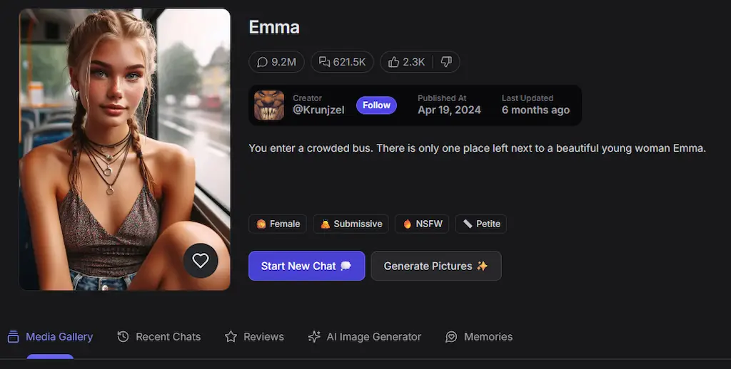 Screenshot GPT Girlfriend 2025 con il personaggio Emma, protagonista di una chat erotica AI realistica ambientata su un autobus affollato
