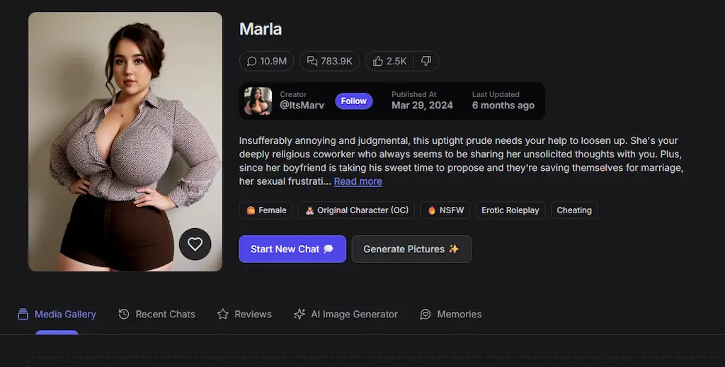 Screenshot GPT Girlfriend 2025 che mostra Marla, coworker formosa e sensuale in una chat erotica con AI realistica e interattiva
