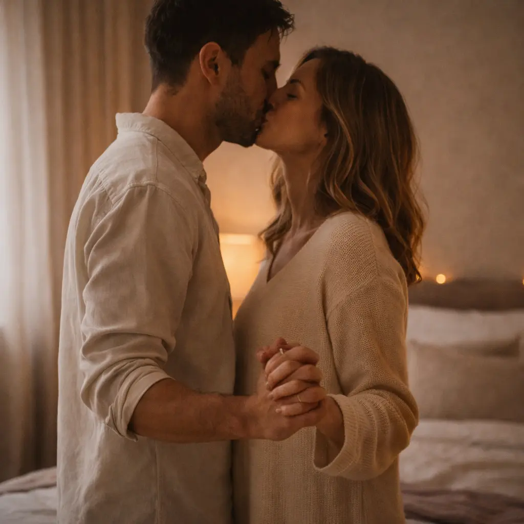 Coppia che si bacia con atmosfera romantica legata al benessere intimo e ai sex toys sotto 30 euro, ispirazione per giochi sul sesso di coppia